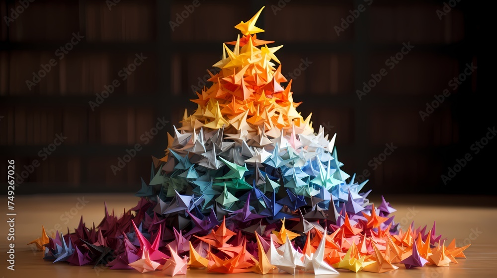 A stack of colorful origami cranes, representing precision and creativity.