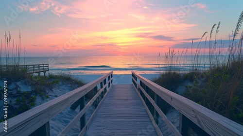 Long boardwalk leading to white sand beach and ocean water at sunset © Crazy Dark Queen