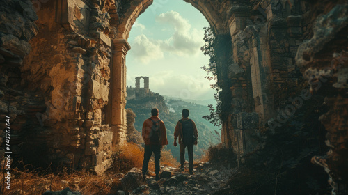 Two individuals are walking towards a ruined archway with a view of an ancient tower in the distance.