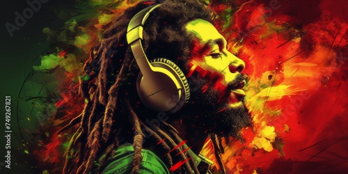 Portrait of african american person with dreadlocks wearing headphone on reggae background.