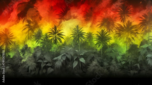Cannabis garden on reggae background.