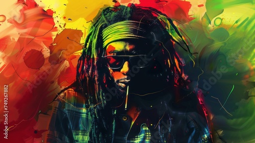 Portrait of african american person with dreadlocks wearing glasses on reggae background.