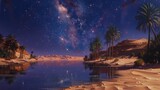 Oil painting of a tranquil desert oasis at night, clear, purple star-filled sky blankets. palm trees and pool of water, reflects the brilliant constellations above, cosmos. Peaceful desert exploration