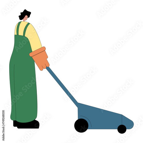 Gardener working lawn mower flat vector isolated illustration. Agricultural working people tending garden.