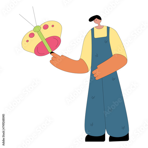 Gardener working butterfly flat vector isolated illustration. Agricultural working people tending garden.