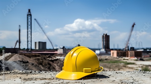 A yellow hard hat sits on a concrete surface at a construction photo