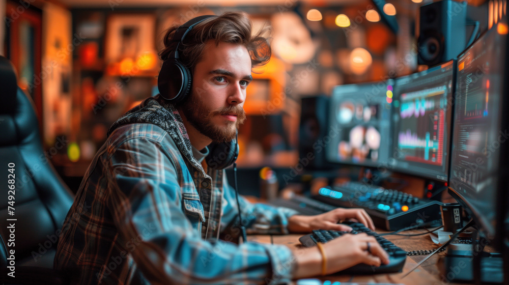 Young man with headphones at a professional audio mixing console.