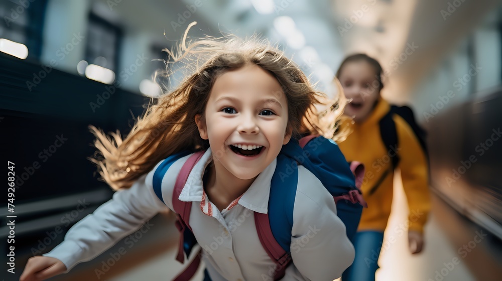 Two young girls with backpacks running and smiling in a brightly - obrazy, fototapety, plakaty 