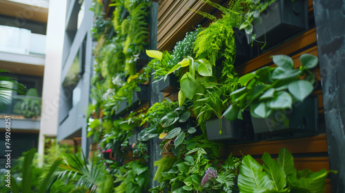 Urban green space with a vertical garden full of lush plants on a modern building facade, showcasing an eco-friendly living wall in a city environment.