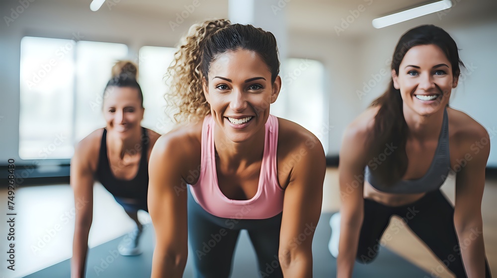 Three women in sportswear are working out in a gym. Three women in sportswear are working out in a gym.