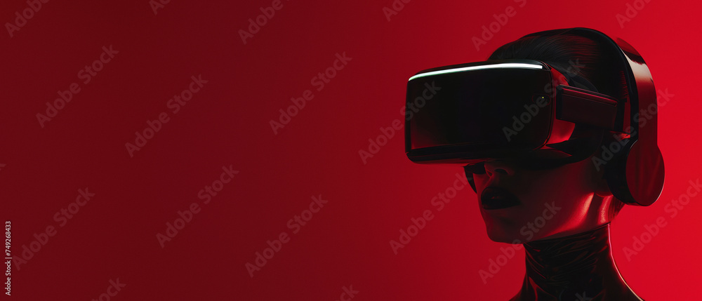 A stylish young man engages with virtual reality technology against a vibrant red backdrop, depicting modern entertainment A stylish young man engages with virtual reality technology against a vibrant red backdrop, depicting modern entertainment