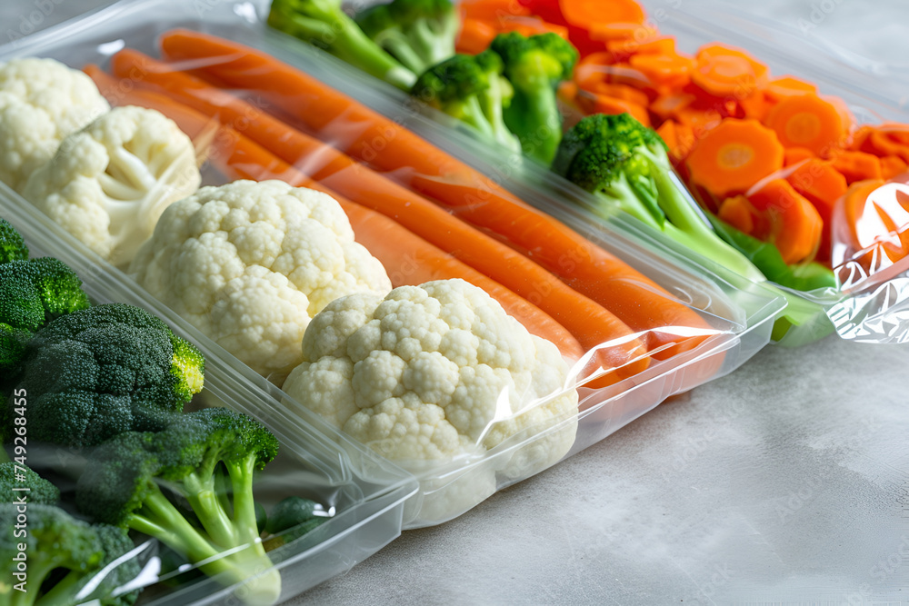 Vacuum sealer bags with different fresh vegetables broccoli
