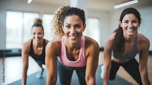 Three women in sportswear are working out in a gym.