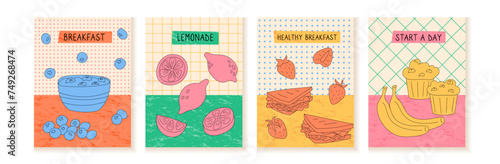 Abstract poster. Lunch cooking. Breakfast porridge. Lemonade drink. Salad bowl. Bananas cupcake. Cafe fruit dessert. Strawberry and blueberry. Food kitchen. Restaurant menu. Vector garish banners set