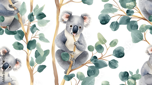 Seamless Watercolor pattern with funny koala on branch, chewing  eucalyptus leaf. Children's rooms wallpapers. Design for clothes, apparel printing, poster or cover. AI Generative photo
