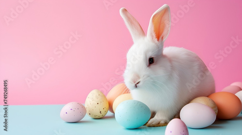 Easter banner with Cute white fluffy Easter bunny among painted eggs on pastel background, copy space for text. AI Generative © Elena