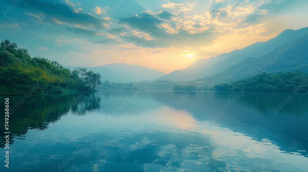 Serene lake with calm waters reflecting a scenic landscape of mountains and trees under a soft sunrise.