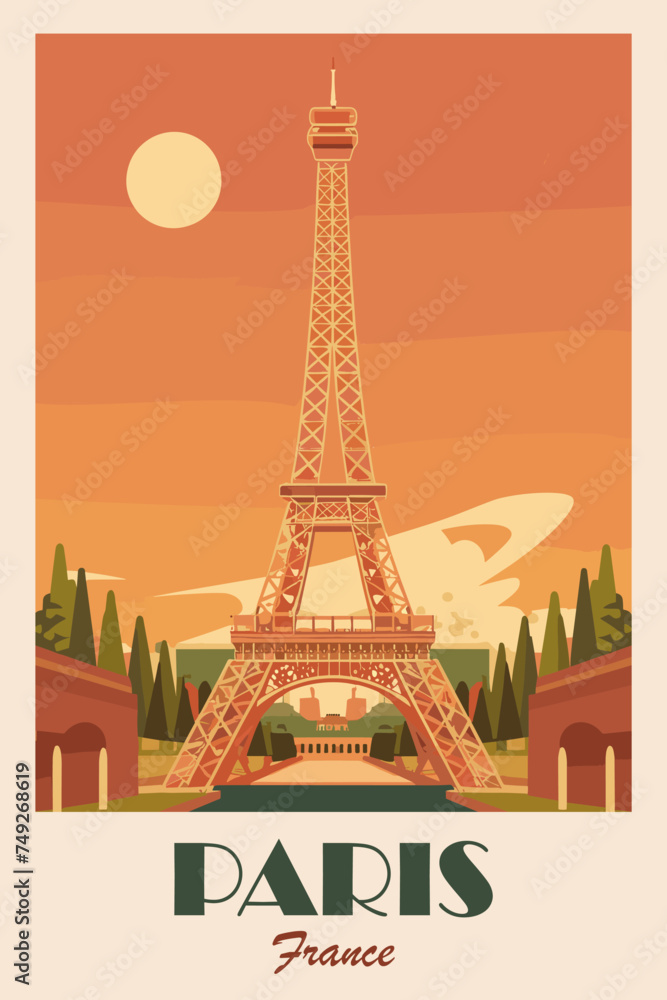 Paris, France Travel Destination Poster in retro style. Eifel Tower Mid century modern digital print. European summer vacation, holidays concept. Vintage vector colorful illustration.