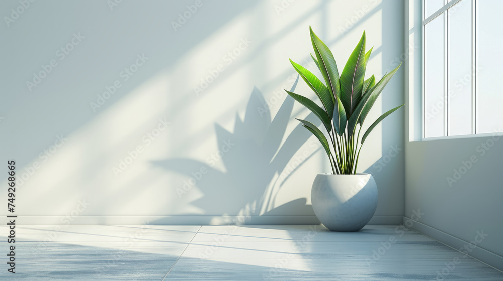 A potted plant in a white ceramic pot is placed on a tiled floor near a window, with sunlight casting shadows on the wall - obrazy, fototapety, plakaty 