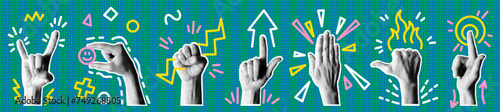 Retro hands. Pop art graphic. Grunge human arm. Doodle fun color line drawing. Vintage comic sticker. Finger gesture. Punk rocker. Halftone newspaper effect. Pointing forefinger. Vector elements set