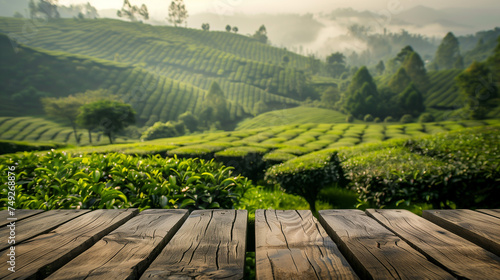 Top wooden table with tea plantation background photo
