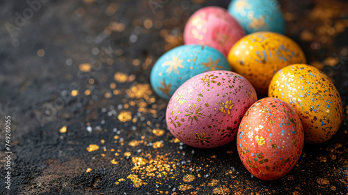 Colorful Easter Eggs in Various Colors on the Background with Golden Decor Copy Space 