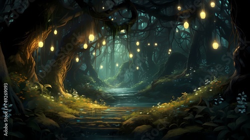 An ancient forest bathed in the soft light of two moons, where luminescent flora creates an enchanting atmosphere.