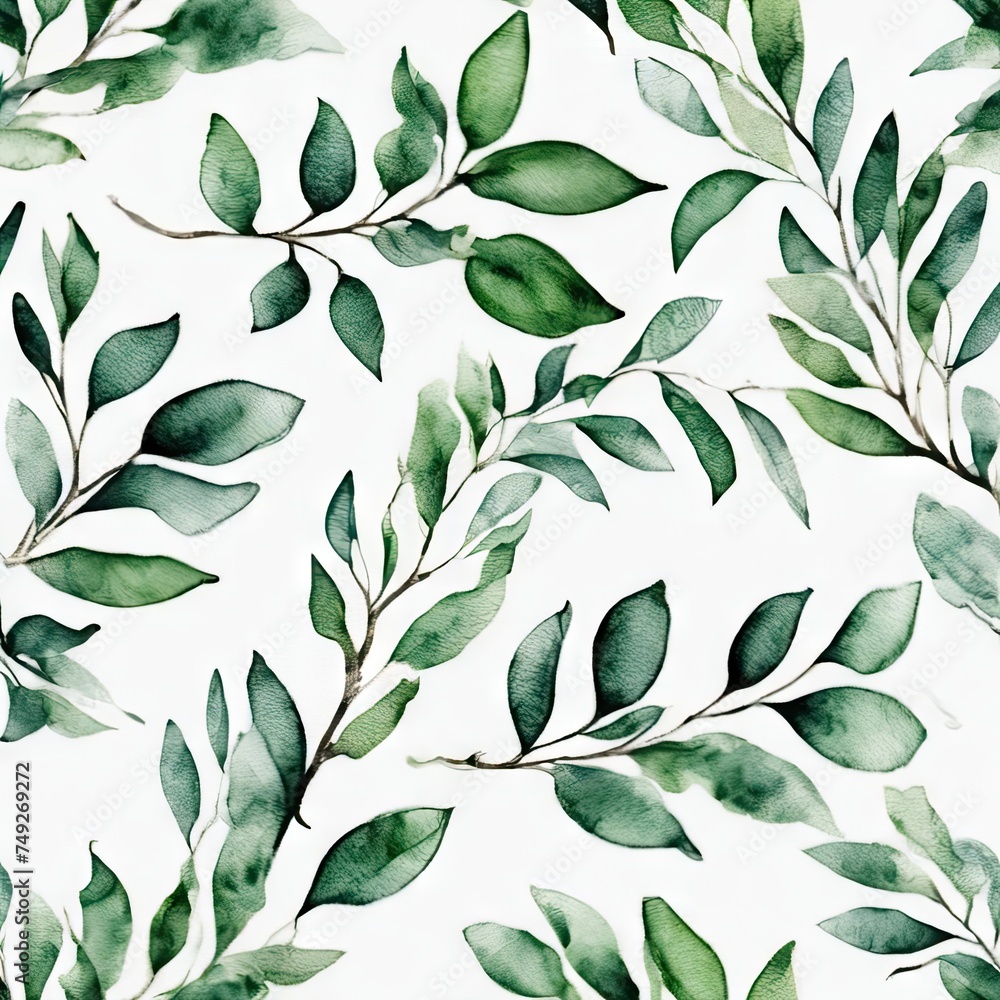 painting of green leaves with a white background. The leaves are painted in a watercolor style, giving the painting a soft and delicate appearance.  - obrazy, fototapety, plakaty 