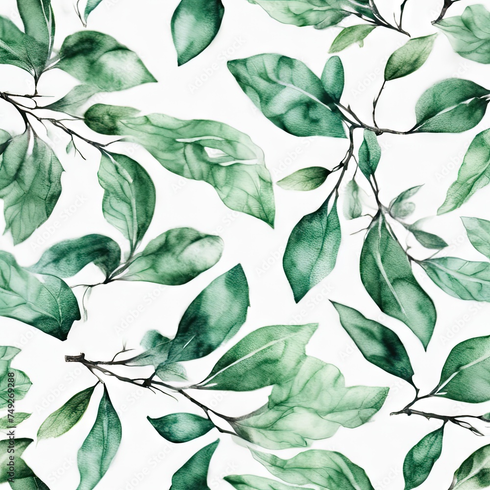 A painting of green leaves with a white background. The leaves are painted in a way that they look like they are growing out of the white background. The painting has a calming and peaceful mood - obrazy, fototapety, plakaty 