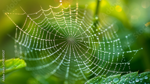 Close-up of a dew-covered spider web with a bokeh background of vibrant green foliage.