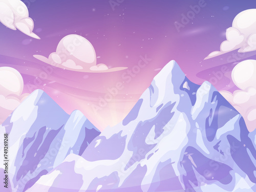 Mountain summit. Winter nature landscape. Rock glacier ice. Ski travel. Scenic sunset. Sky light. Canada snowy panorama. Frozen cliff peak. Alps ridge horizon. Cold season. Vector cartoon illustration