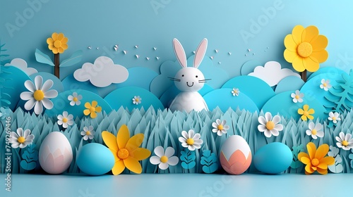 Vibrant 3D paper cutout of Easter bunny, grass, blooms, and a blue egg. Celebratory card design for Easter. © ckybe