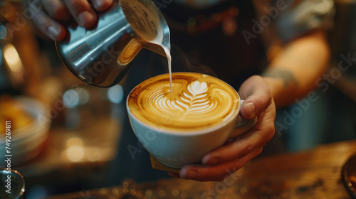 Barista creating latte art, pouring steamed milk into a coffee cup, artistic design on frothy coffee surface, close-up shot in a cozy caf\u00e9 ambiance. photo