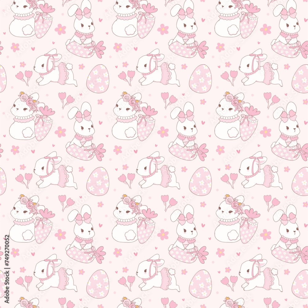 Coquette Easter bunny Seamless Pattern in pink theme with ribbon bow cartoon doodle hand drawing.