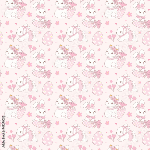 Coquette Easter bunny Seamless Pattern in pink theme with ribbon bow cartoon doodle hand drawing.