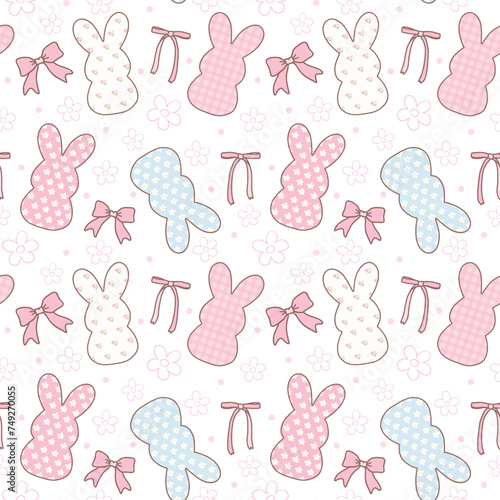 Coquette Easter bunny peep Seamless Pattern in pink theme with ribbon bow cartoon doodle hand drawing.