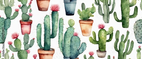 A watercolor painting of various types of cacti in pots. The painting has a vibrant and lively feel to it, with the different colors and shapes of the cacti creating a sense of movement and energy