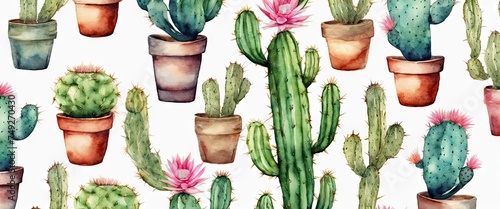 A watercolor painting of a desert scene with many cacti and potted plants. The painting has a calming and peaceful mood, with the cacti and plants providing a sense of tranquility and serenity photo
