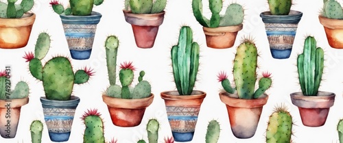 A watercolor painting of several potted cacti in various sizes and colors. The painting has a calming and peaceful mood, with the cacti arranged in a way that creates a sense of harmony and balance