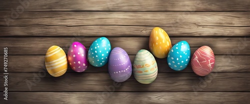 A row of colorful eggs are laid out on a wooden surface. The eggs are of various colors and sizes, and they are arranged in a line. Concept of celebration and joy