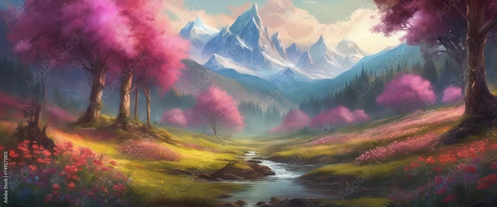 A beautiful landscape with a river running through it and mountains in the background. The scene is filled with pink flowers and trees, creating a serene and peaceful atmosphere