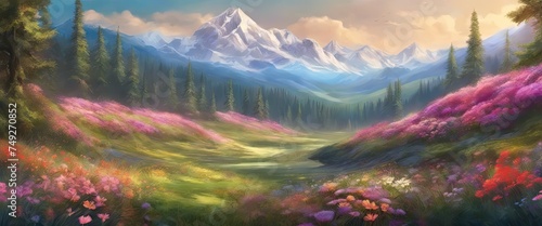 A beautiful landscape with mountains in the background and a field of flowers. Scene is peaceful and serene © Павел Кишиков