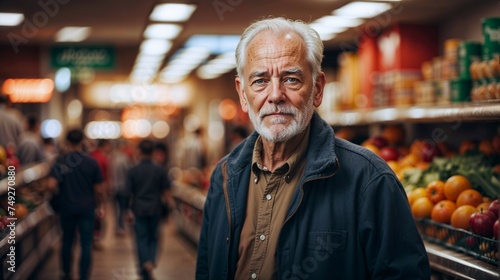 Portrait of senior man in grocery store. Elderly man shopping in supermarket.