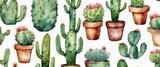 watercolor painting of various cacti potted plants. painting has a calming and serene mood, with plants arranged in a way that creates a sense of harmony and balance. colors used are mostly green