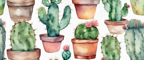 A watercolor painting of several potted cacti with a white background. The painting has a calming and peaceful mood, with the cacti being the main focus photo
