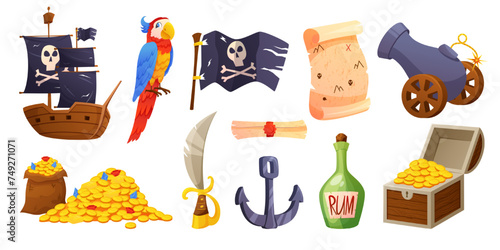 Parrot pirate, island treasures. Ship with black flag, shipwreck, chest with golden coins, ocean adventured, anchor and sword, Caribbean game. Vector background garish cartoon isolated illustration
