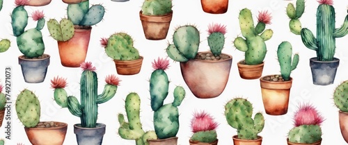 A watercolor painting of a variety of cacti in different sizes and colors. The painting has a vibrant and lively feel to it, with the cacti appearing to be thriving in their pots