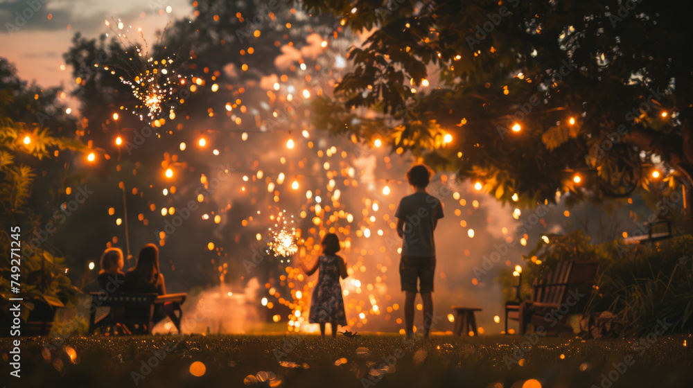 Two children play with sparklers in a twilight garden setting as adults sit nearby on benches surrounded by ambient string lights and lush foliage. - obrazy, fototapety, plakaty 