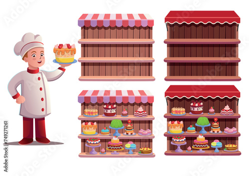 Cafe or Candy store. Pastry and cake shop. cakes and pastries are on the shelves. Wooden shelves with canopy elements for the game
