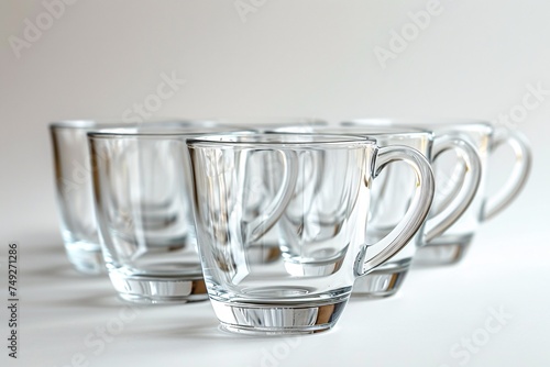 Vacant translucent coffee mugs on a blank ivory backdrop.